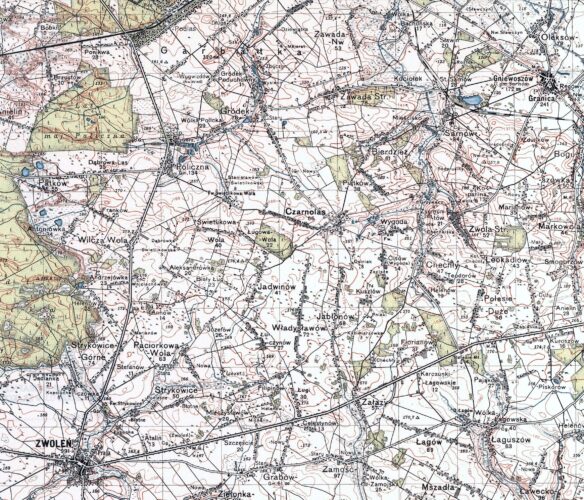 Mapa okolic Gniewoszowa, fragment mapy Wojskowego Instytutu Geograficznego z 1937 r. skala 1:100000