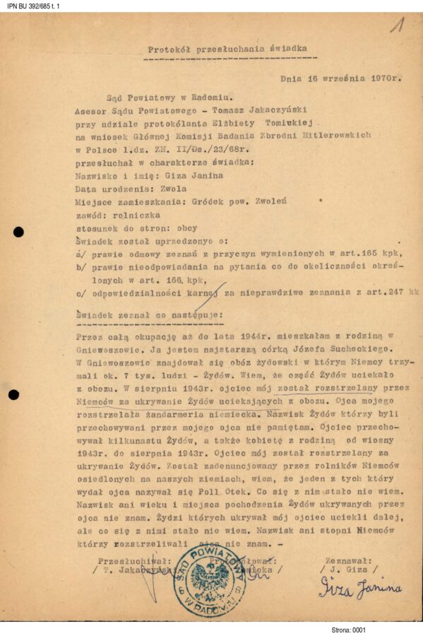 Protokół przesłuchania świadka Janiny Giza z 16 września 1970 r., AIPN, BU 392/685, t. 1, k. 1.