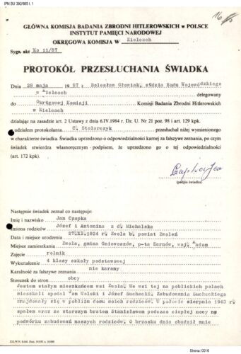Protokół przesłuchania świadka Jana Czapki z 28 maja 1987 r., AIPN, BU 392/685, t. 1, k. 16–17