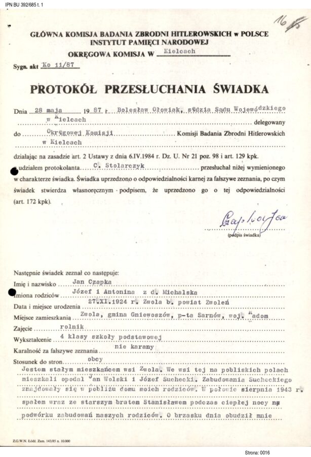 Protokół przesłuchania świadka Jana Czapki z 28 maja 1987 r., AIPN, BU 392/685, t. 1, k. 16–17