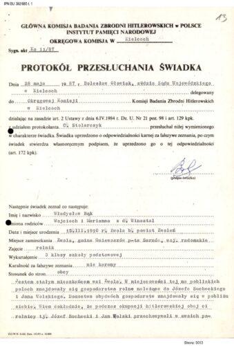 Protokół przesłuchania świadka Władysława Bąka z 28 maja 1987 r., AIPN, BU 392/685, t. 1, k. 13