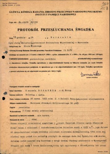 Zeznanie Genowefy Domańskiej z domu Szkop z dnia 13 grudnia 1994 roku. Źródło: AIPN Bu 392/1164/1, s. 108-109.