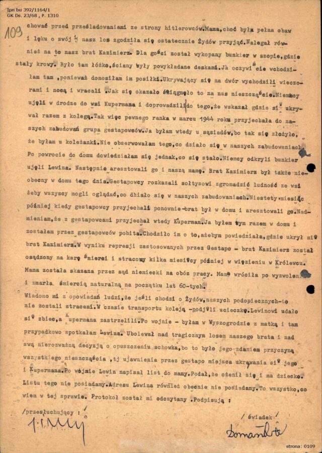 Zeznanie Genowefy Domańskiej z domu Szkop z dnia 13 grudnia 1994 roku. Źródło: AIPN Bu 392/1164/1, s. 108-109.