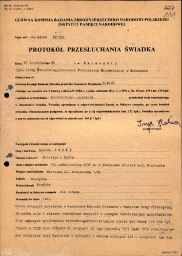 Zeznanie Haliny Irzyk z dnia 24 listopada 1994 roku. Źródło: AIPN Bu 392/1164/1, s. 111-112.