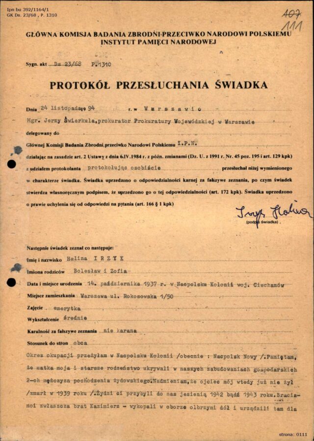 Zeznanie Haliny Irzyk z dnia 24 listopada 1994 roku. Źródło: AIPN Bu 392/1164/1, s. 111-112.
