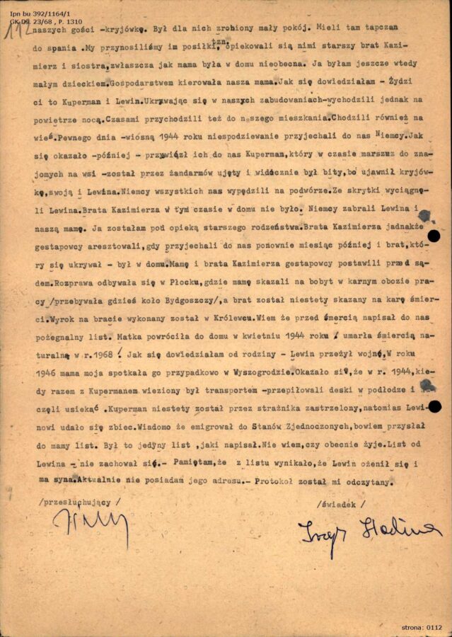 Zeznanie Haliny Irzyk z dnia 24 listopada 1994 roku. Źródło: AIPN Bu 392/1164/1, s. 111-112.
