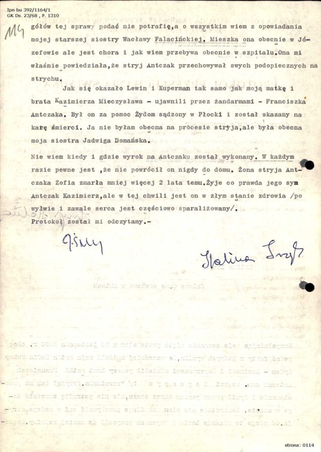Zeznanie Haliny Irzyk z dnia 2 czerwca 1995 roku. Źródło: AIPN Bu 392/1164/1, s. 113-114.